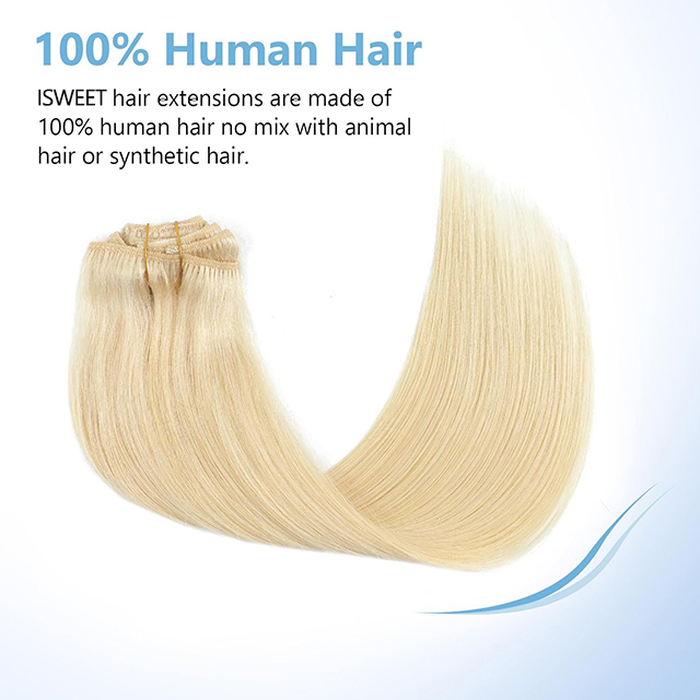 Extensions de cheveux naturels Remy &agrave; clips, &eacute;pais, lisses, blonds d&eacute;color&eacute;s #613, Double trame, 7 pi&egrave;ces, pour femmes