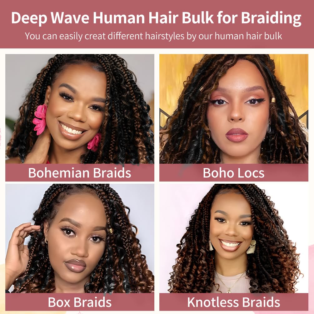 2 buntar M&auml;nniskofl&auml;tningsh&aring;r f&ouml;r Boho-fl&auml;tor Deep Wave Bulk Brasilianskt jungfruligt m&auml;nniskoh&aring;r Naturligt Svart Markerat Auburn Brown #P1B/30