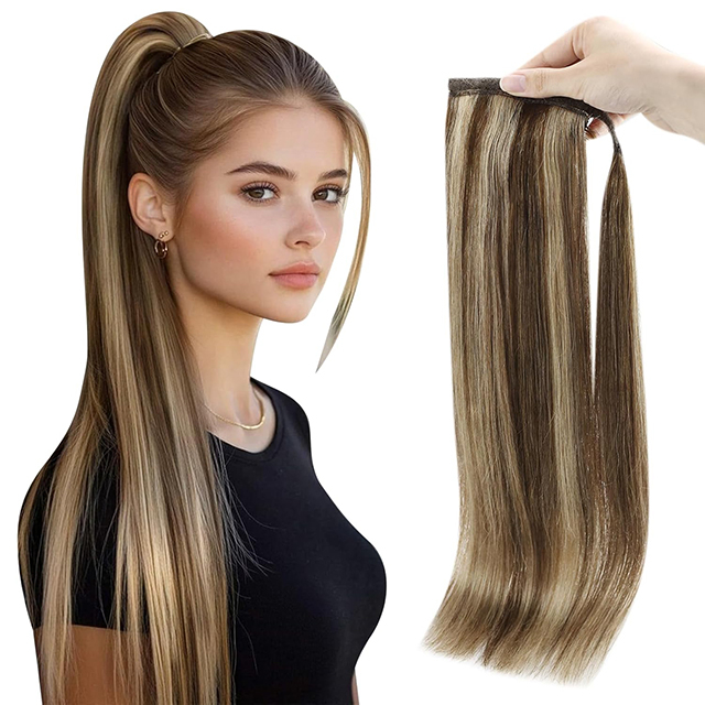 Klipi i bishtit të pony në shtrirjen e flokëve kafe e errët ombre bjonde bjonde clip natyral ponytail shtoni gjatësi për gratë 20inch 80g