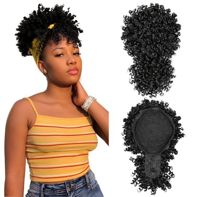 ISWEET Coda di cavallo nera riccia crespa afro soffio - Design con coulisse con frangia, posticci corti raccolti per donne nere (Natural Black 1B)