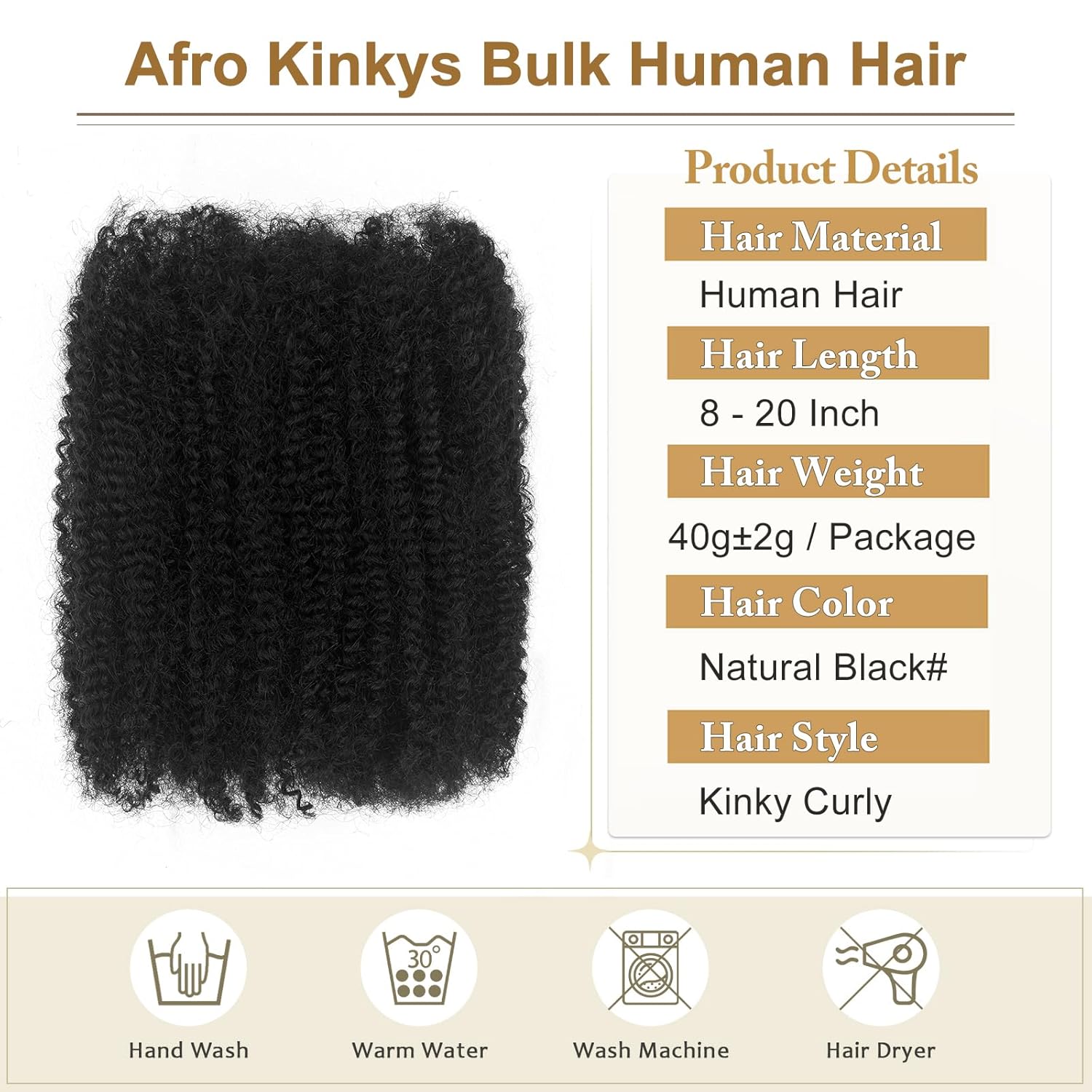Afro Twist ľudsk&eacute; vlasy 16 palcov Afro Kinkys Bulk Ľudsk&eacute; vlasy 40 g/zv&auml;zok Natural Black Human Braiding Hair for Loc Extensions Vlasy Marley Twist Brainding (16 palcov, balenie 2 ks)