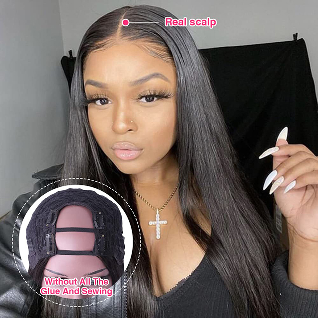 Straight U Part Wig 100% Brazilian Virgin Buhok ng Tao Gitnang Bahagi 180% Density Glueless Natural na Kulay para sa Itim na Babae