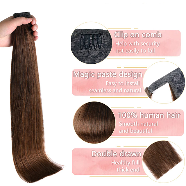 Hestehaleforl&aelig;ngelse Human Hair Wrap Around Clip in Hair Piece Medium Brown #4 Lige hestehaler H&aring;r med Magic Paste til kvinder