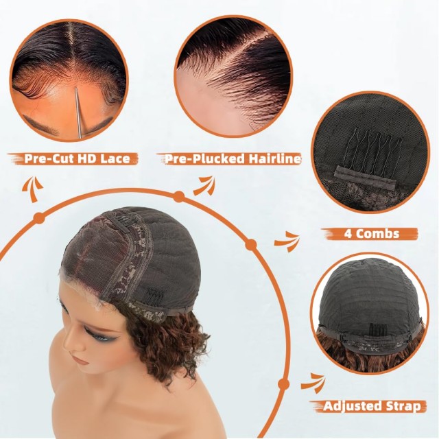 Wear & Go Glueless, r&ouml;vid, g&ouml;nd&ouml;r Bob par&oacute;ka emberi hajb&oacute;l – 180%-os sűrűs&eacute;gű, 8 h&uuml;velykes vil&aacute;gosbarna, előre kit&eacute;pett, előre kiv&aacute;gott m&eacute;lyhull&aacute;m&uacute; csipke első par&oacute;ka nőknek