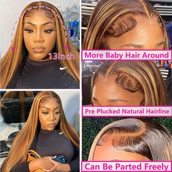 Isweet Ombre Spets Front Peruk M&auml;nniskoh&aring;r Highlight 13x6 HD Rak Spets Front Peruk 180% Densitet 4/27 F&auml;rgad Honung Blond HD Spets Frontal Peruk F&ouml;r Kvinnor Glueless F&ouml;rplockade med babyh&aring;r 30 tum