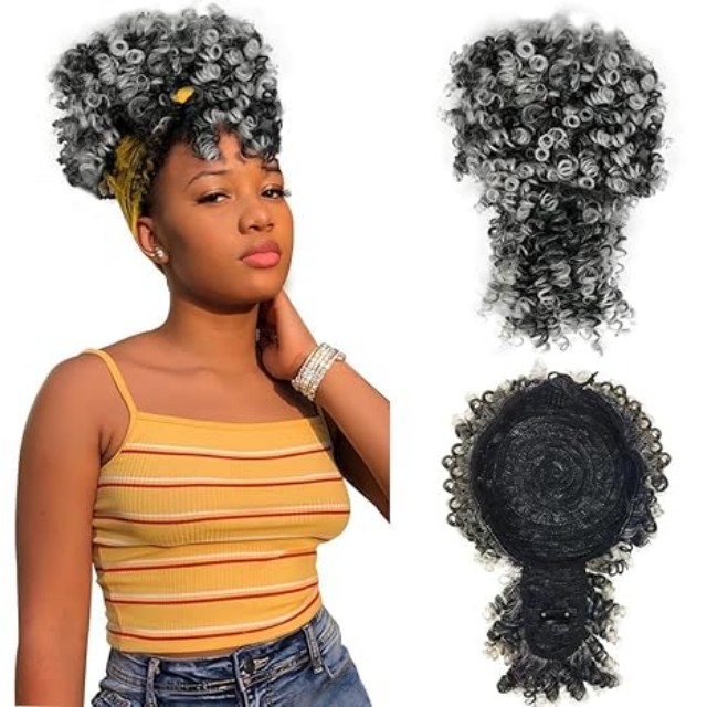 ISWEET Coda di cavallo nera riccia crespa afro soffio - Design con coulisse con frangia, posticci corti raccolti per donne nere (Natural Black 1B)