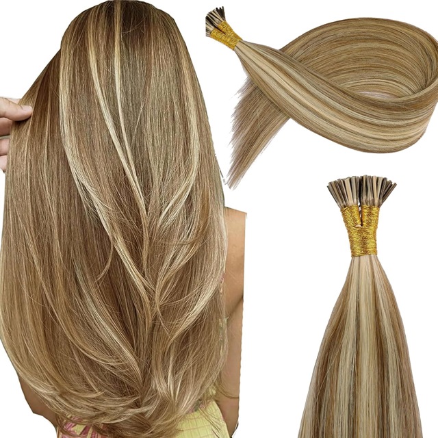 ISWEET Extensiones de cabello humano I-Tip de 22 pulgadas #A18/613A rubio profundo a rubio decolorado, liso sedoso invisible, 1.06 oz/30 s