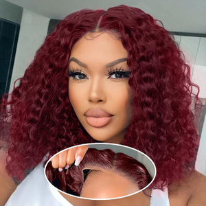 ISWEET 14 Inci Rambut Manusia Remy Wig Ekor Kuda Kepadatan 180% 4X4 Renda Merah Marun Tanpa Lem Pra Dipetik Wig Bob Pra Potong untuk Wanita dan Anak Perempuan
