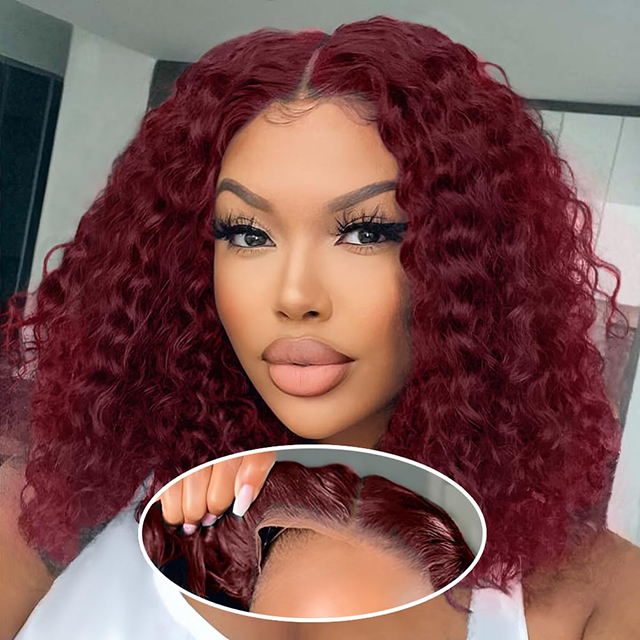ISWEET 14 Inci Remy Rambut Manusia Rambut Palsu Ekor Kuda 180% Ketumpatan 4x4 Lace Burgundy Tanpa Glueless Pra Dipetik Pra Potong Rambut Palsu Bob untuk Wanita dan Perempuan