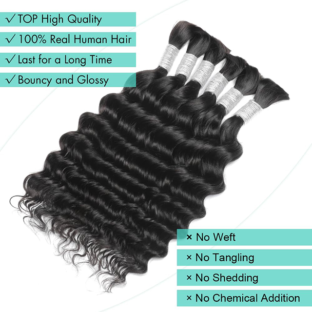 Lot de 6 trames de cheveux humains tress&eacute;s pour tresses boh&egrave;mes - Deep Wave - Cheveux humains en vrac - 12 A - Tresses br&eacute;siliennes boucl&eacute;es - Couleur naturelle