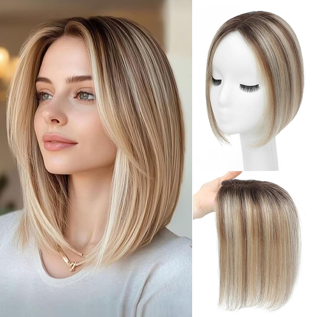 ISWEET 薄毛用ヘアトッパー - スイスレースベース付き 10 インチ人毛 オンブル ライトブラウン ブロンド ハイライト 検出不可能な日常着用ソリューション