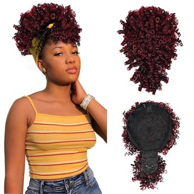 ISWEET Coda di cavallo nera riccia crespa afro soffio - Design con coulisse con frangia, posticci corti raccolti per donne nere (Natural Black 1B)