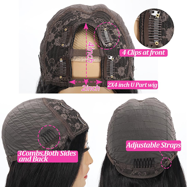 Straight U Part Wig 100% Brazilian Virgin Buhok ng Tao Gitnang Bahagi 180% Density Glueless Natural na Kulay para sa Itim na Babae