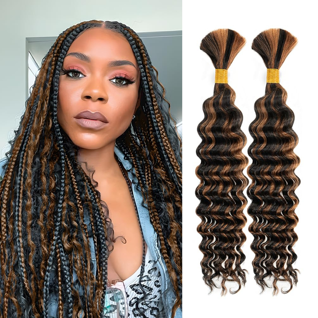 2 Bundel Rambut Braiding Manusia untuk Boho Braids Deep Wave Massal Brazilian Virgin Rambut Manusia Hitam Hitam Sorotan Auburn Brown #P1B/30