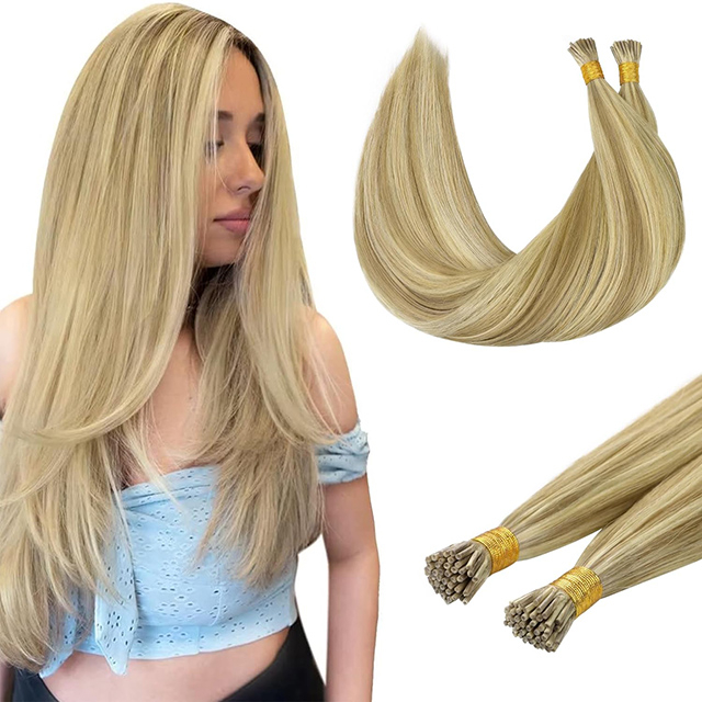 I Tip Hair Extensions Remy Hair Tangata #16/22 Light Blonde Mixed Golden Blond Highlights 1g/Strand Micro Tip 50G/Pack Invisible Straight Ombre Hair For Women Girls