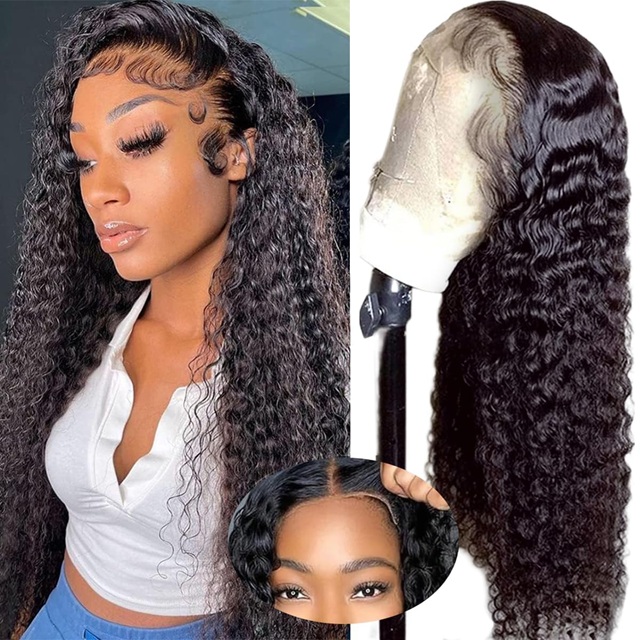 Wig Wig Curly Curly 26 ນິ້ວ 4x4 Lace Glueless - Wear & Go Pre-Plucked Pre-Cut 180% ຄວາມຫນາແຫນ້ນຂອງຜົມມະນຸດສໍາລັບແມ່ຍິງສີດໍາ