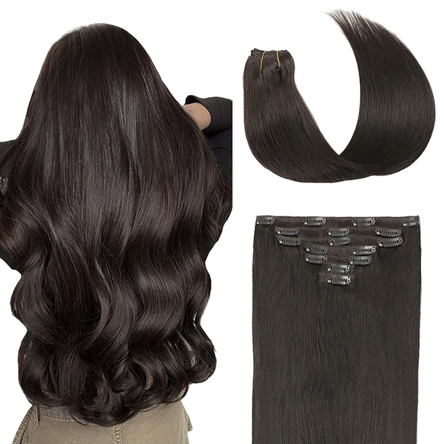 Clip 7Pcs ໃນການຂະຫຍາຍຜົມຂອງມະນຸດທີ່ແທ້ຈິງຜົມສີນ້ໍາຕານຊ້ໍາຜົມ Double Weft Silky Straight Thick ການຂະຫຍາຍຜົມທີ່ແທ້ຈິງສໍາລັບແມ່ຍິງ