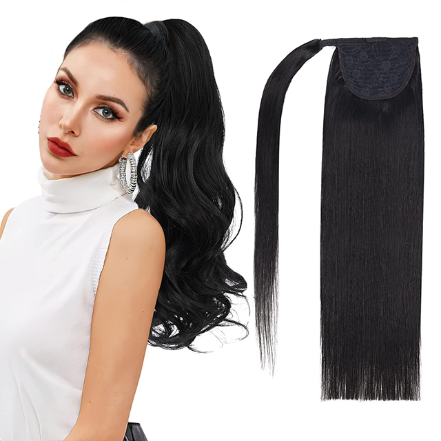 Sambungan Ekor Kuda Balut Rambut Manusia Klip di Sekeping Rambut Tampal Ajaib Lurus Panjang Ekor Kuda untuk Wanita Hitam Asli #1B