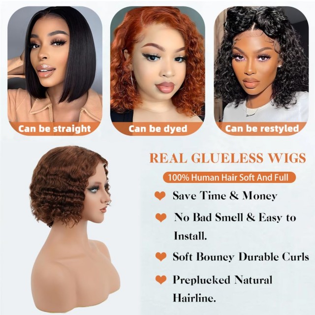 Wear & Go Glueless, r&ouml;vid, g&ouml;nd&ouml;r Bob par&oacute;ka emberi hajb&oacute;l – 180%-os sűrűs&eacute;gű, 8 h&uuml;velykes vil&aacute;gosbarna, előre kit&eacute;pett, előre kiv&aacute;gott m&eacute;lyhull&aacute;m&uacute; csipke első par&oacute;ka nőknek