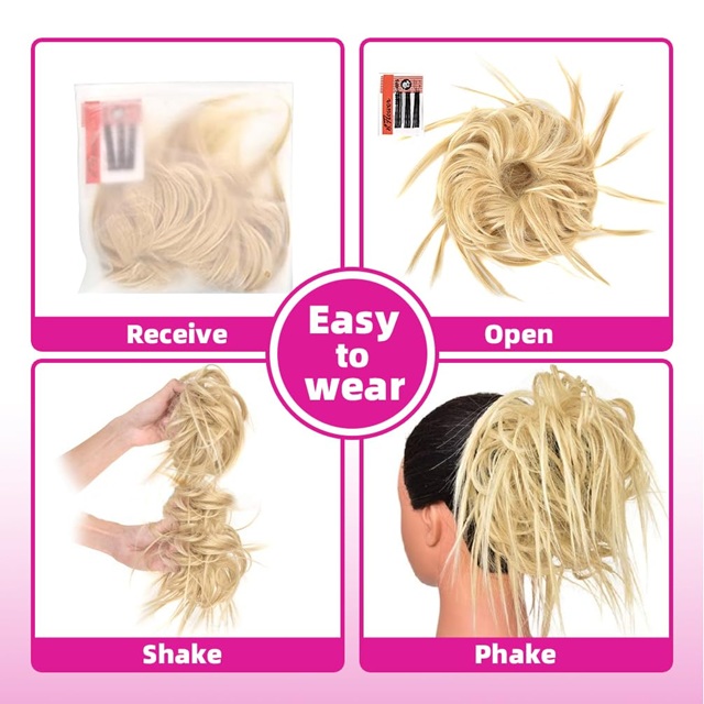 Verwoerd deurmekaar bolletjie-haarstuk - Sintetiese golwende poniestert-chignon-verlenging met elastiese band, natuurlike blonde mengsel bleikmiddel Blond opgemaakte haarstuk vir vroue