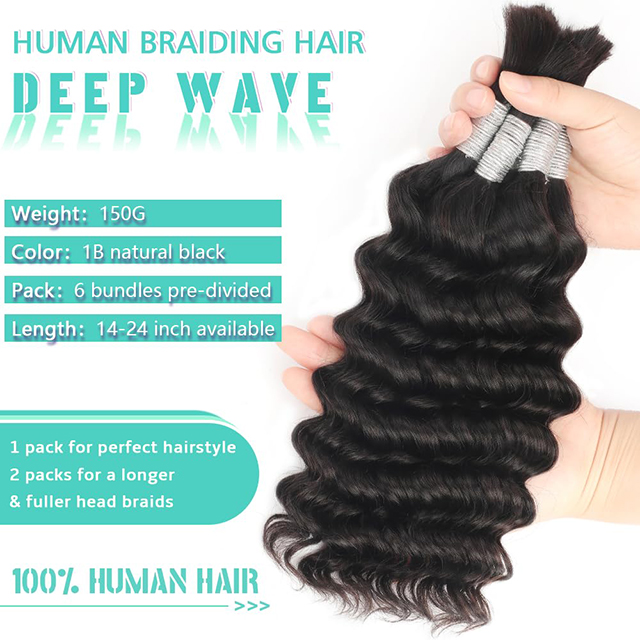 Lot de 6 trames de cheveux humains tress&eacute;s pour tresses boh&egrave;mes - Deep Wave - Cheveux humains en vrac - 12 A - Tresses br&eacute;siliennes boucl&eacute;es - Couleur naturelle