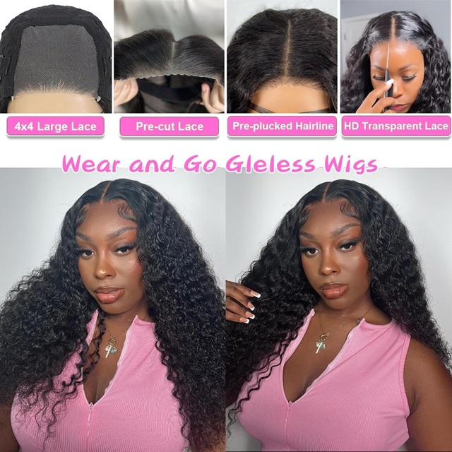 Wig Wig Curly Curly 26 ນິ້ວ 4x4 Lace Glueless - Wear & Go Pre-Plucked Pre-Cut 180% ຄວາມຫນາແຫນ້ນຂອງຜົມມະນຸດສໍາລັບແມ່ຍິງສີດໍາ