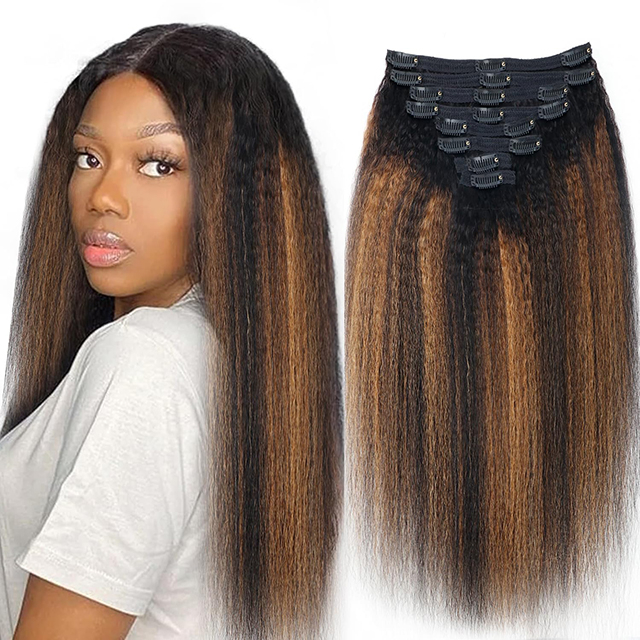 Clipe reto e excêntrico em extensões de cabelo para mulheres negras - 8pcs Cabelo humano da Virgem Yaki brasileira 20  '120g Double Wet com 20 clipes Destaque Hair (T1bp1b/30)