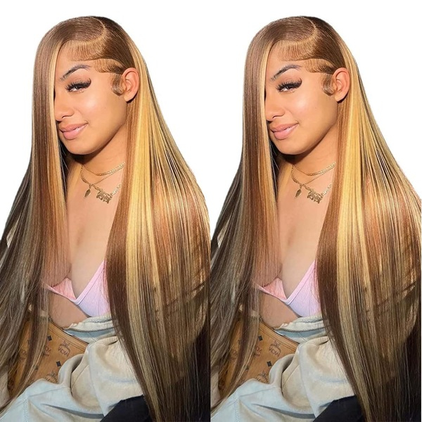 Isweet Ombre Blonde Frontparyk Menneskeh&aring;r Highlight 13x6 HD Lige Blonde Forreste Parykker 180% T&aelig;thed 4/27 Farvet Honning Blond HD Blonde Frontal Parykker Til Kvinder Glueless Pre-plukket med babyh&aring;r 30 tommer