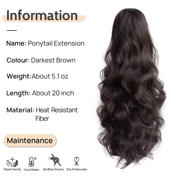 Fluffy Wavy Claw Clip Hestehale | 20 tommer m&oslash;rkest brunt syntetisk h&aring;rforl&aelig;ngelse, behageligt klip-p&aring;-h&aring;rstykke til kvinder, ideelt til alle lejligheder