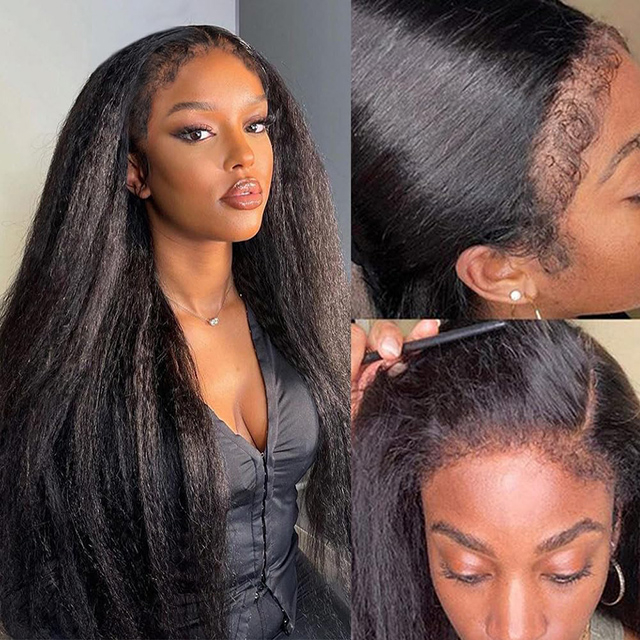 13x4 Lace Front Kinky Straight Per&uuml;cken 180 % Dichte Yaki Echthaar vorgezupft HD transparente Spitze f&uuml;r Frauen