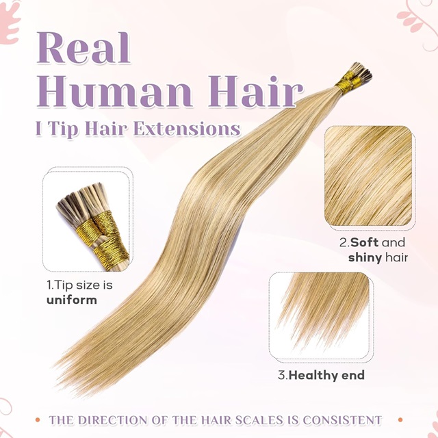 ISWEET Extensiones de cabello humano I-Tip de 22 pulgadas #A18/613A rubio profundo a rubio decolorado, liso sedoso invisible, 1.06 oz/30 s
