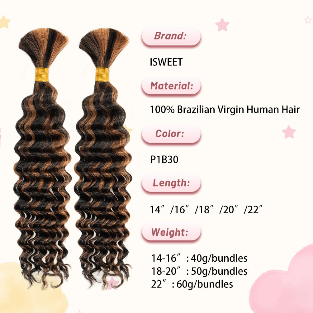 2 buntar M&auml;nniskofl&auml;tningsh&aring;r f&ouml;r Boho-fl&auml;tor Deep Wave Bulk Brasilianskt jungfruligt m&auml;nniskoh&aring;r Naturligt Svart Markerat Auburn Brown #P1B/30
