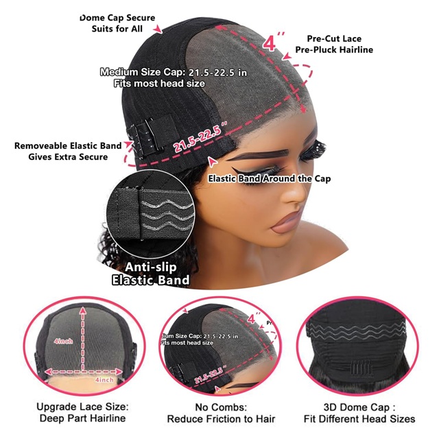 Wig Wig Curly Curly 26 ນິ້ວ 4x4 Lace Glueless - Wear & Go Pre-Plucked Pre-Cut 180% ຄວາມຫນາແຫນ້ນຂອງຜົມມະນຸດສໍາລັບແມ່ຍິງສີດໍາ