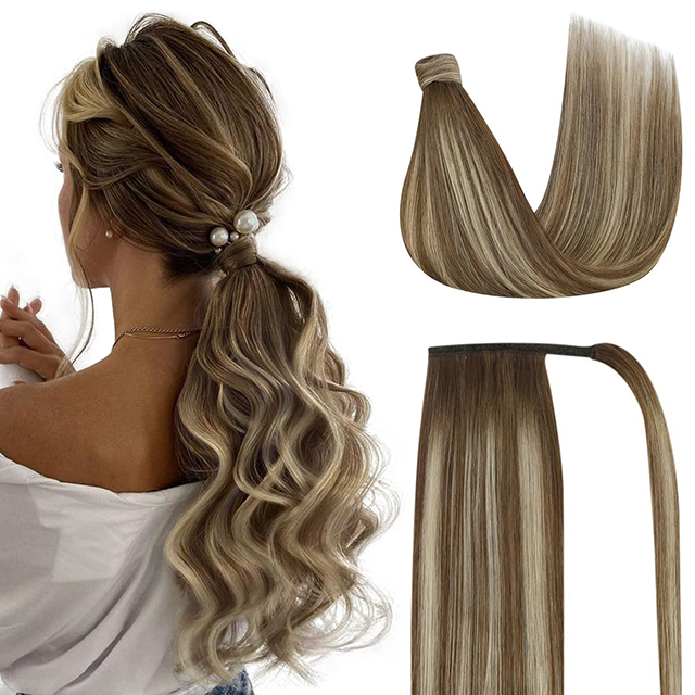 Hestehaleforl&aelig;ngelse &AElig;gte menneskeh&aring;r til kvinder Clip in hestehaleh&aring;rforl&aelig;ngelse Lige h&aring;rstykker Wrap Around M&oslash;rkebrun Blanding Medium Brun H&oslash;jdepunkter Brun Balayage 22 tommer 80G