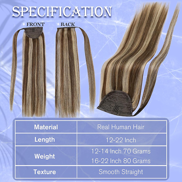 Pony Tail Clip մազերի երկարացման վրա Մուգ շագանակագույն Ombre մեղրով շիկահեր բնական ձիու պոչի սեղմակ Ավելացրեք երկարություն կանանց համար 20 դյույմ 80 գ