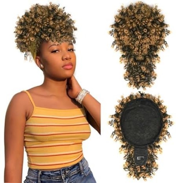 ISWEET Black Kinky Curly Afro Puff Cul&iacute;k – design se stahovac&iacute; šňůrkou s ofinou, kr&aacute;tk&eacute; updo př&iacute;česky pro čern&eacute; ženy (Natural Black 1B)