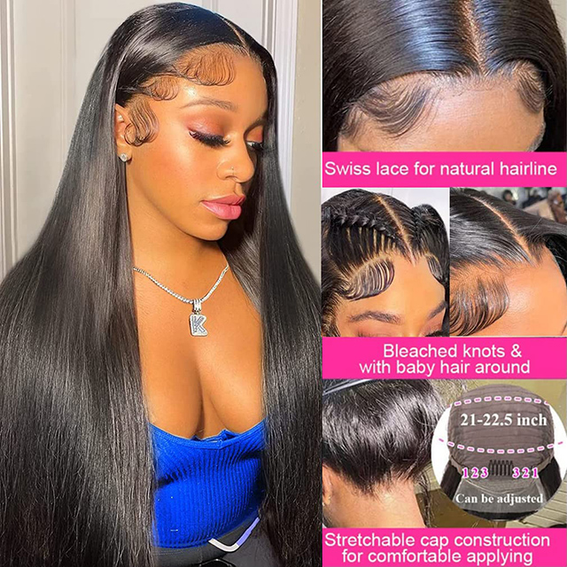 13x6 Lace Front perruques de cheveux humains 180% densit&eacute; droite HD Transparent Lace Front pr&eacute; plum&eacute; avec des cheveux de b&eacute;b&eacute; couleur noire naturelle pour les femmes